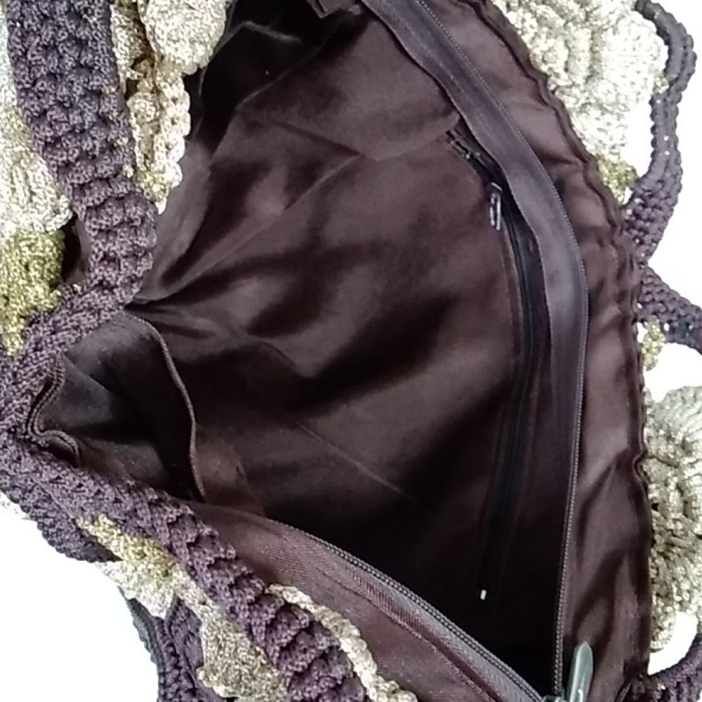 VTG, Crochet Style Retro Handmade Floral Handbag And Shoulder Bag Brown And Gold - Picture 9 of 14